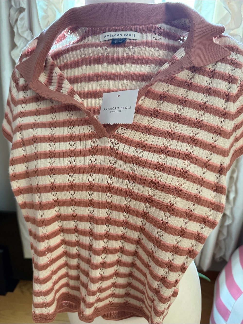 American Eagle Pointelle Sweater Polo Jupiter Brown